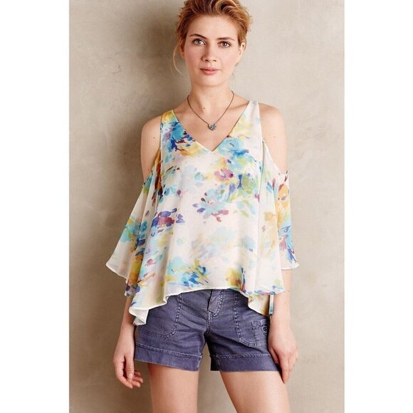 Anthropologie Maeve Silk Chiffon Cold Shoulder Watercolor Top Size Small - Picture 1 of 10